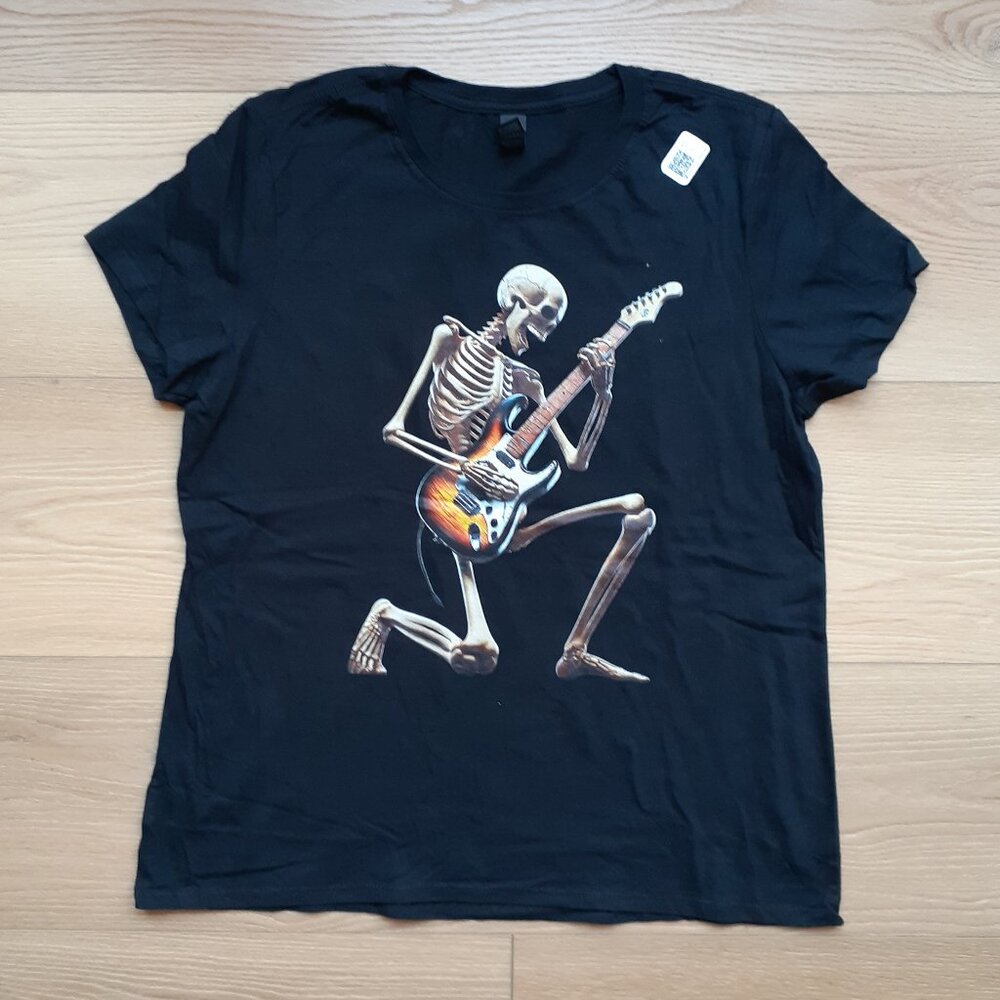 New Women's Large Skeleton Guitar Player Black T-Shirt